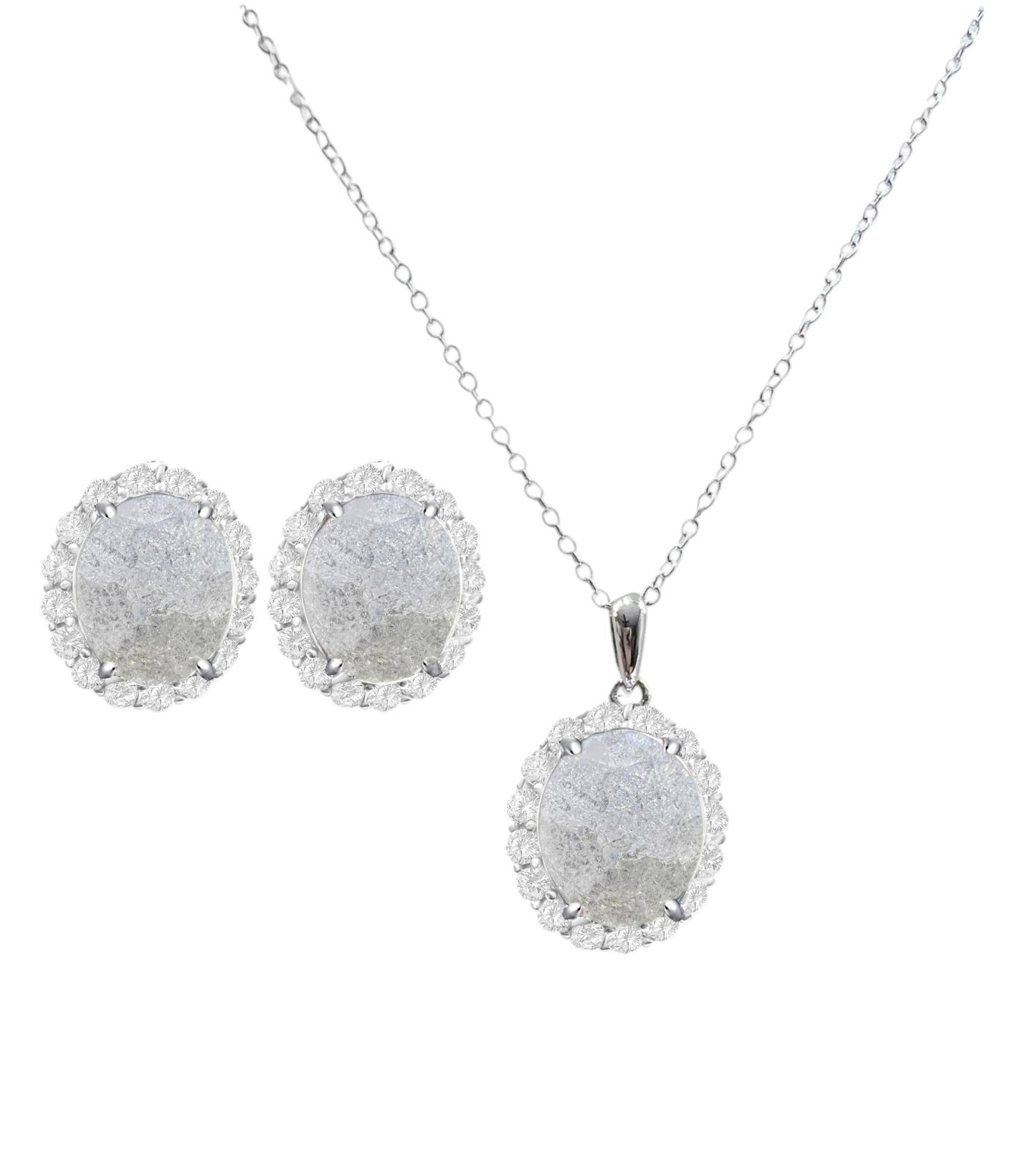 925 Sterling Silver Oval Cut White Ice CZ Necklace & Earrings Set