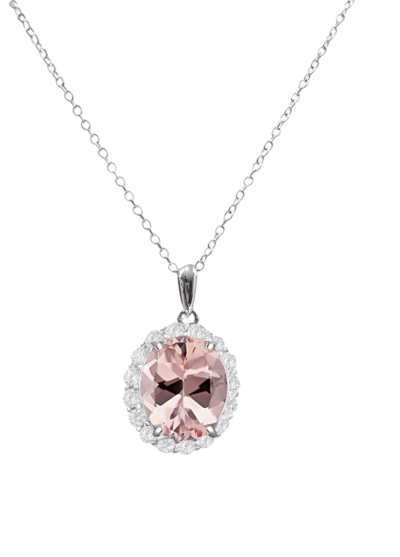 *PRE-ORDER - 925 Sterling Silver Oval Cut Morganite CZ Halo Pendant Necklace