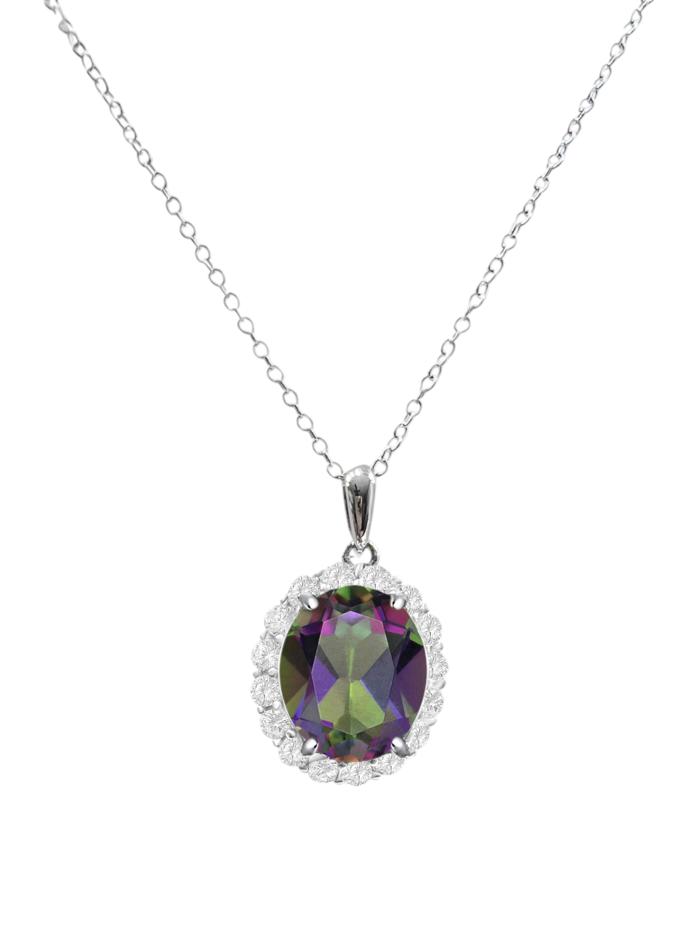 925 Sterling Silver Oval Cut Rainbow Topaz CZ Halo Pendant Necklace