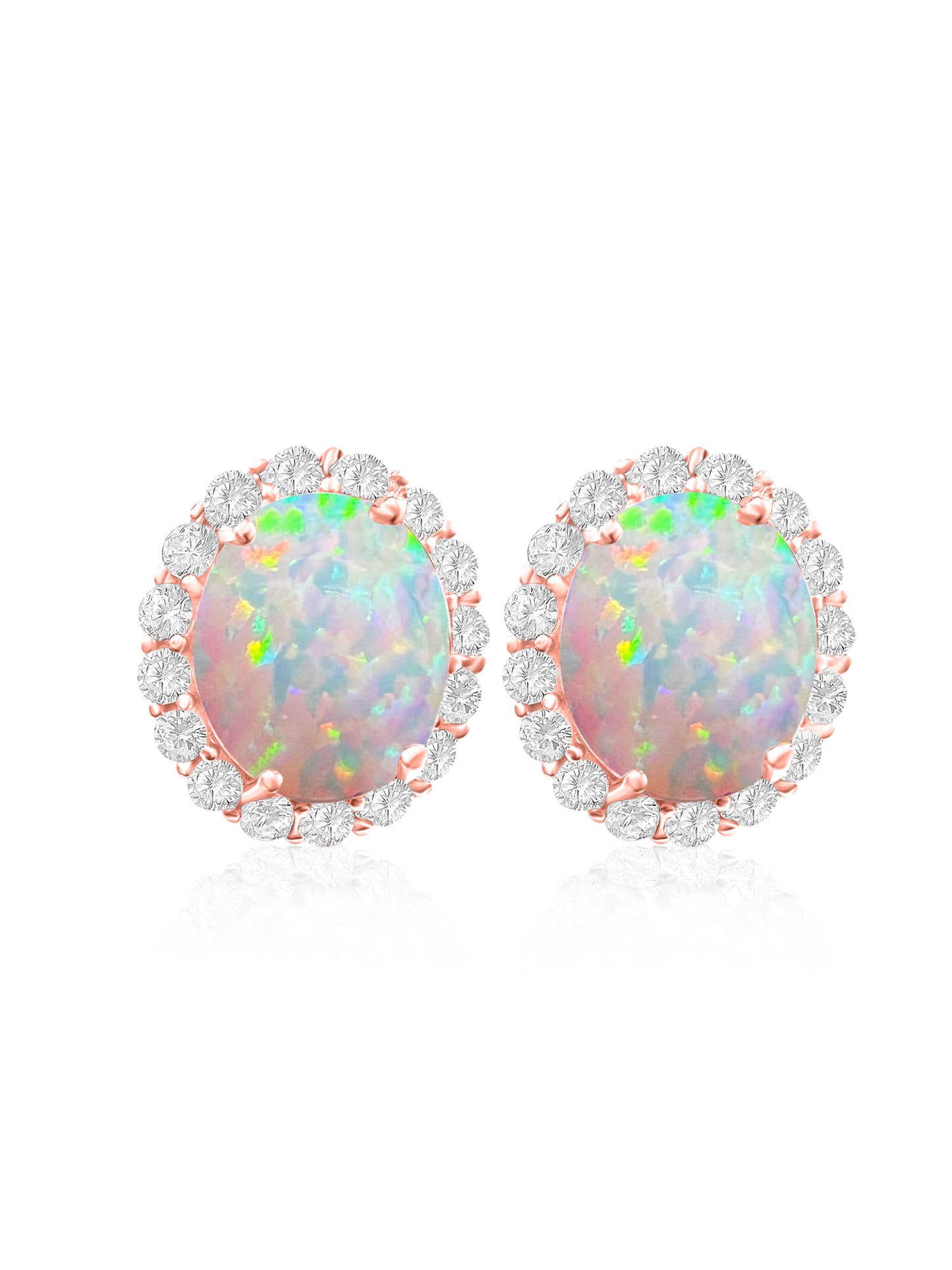 *PRE-ORDER - 925 Sterling Silver Oval Halo White Fire Opal Stud Earrings - Rose Gold