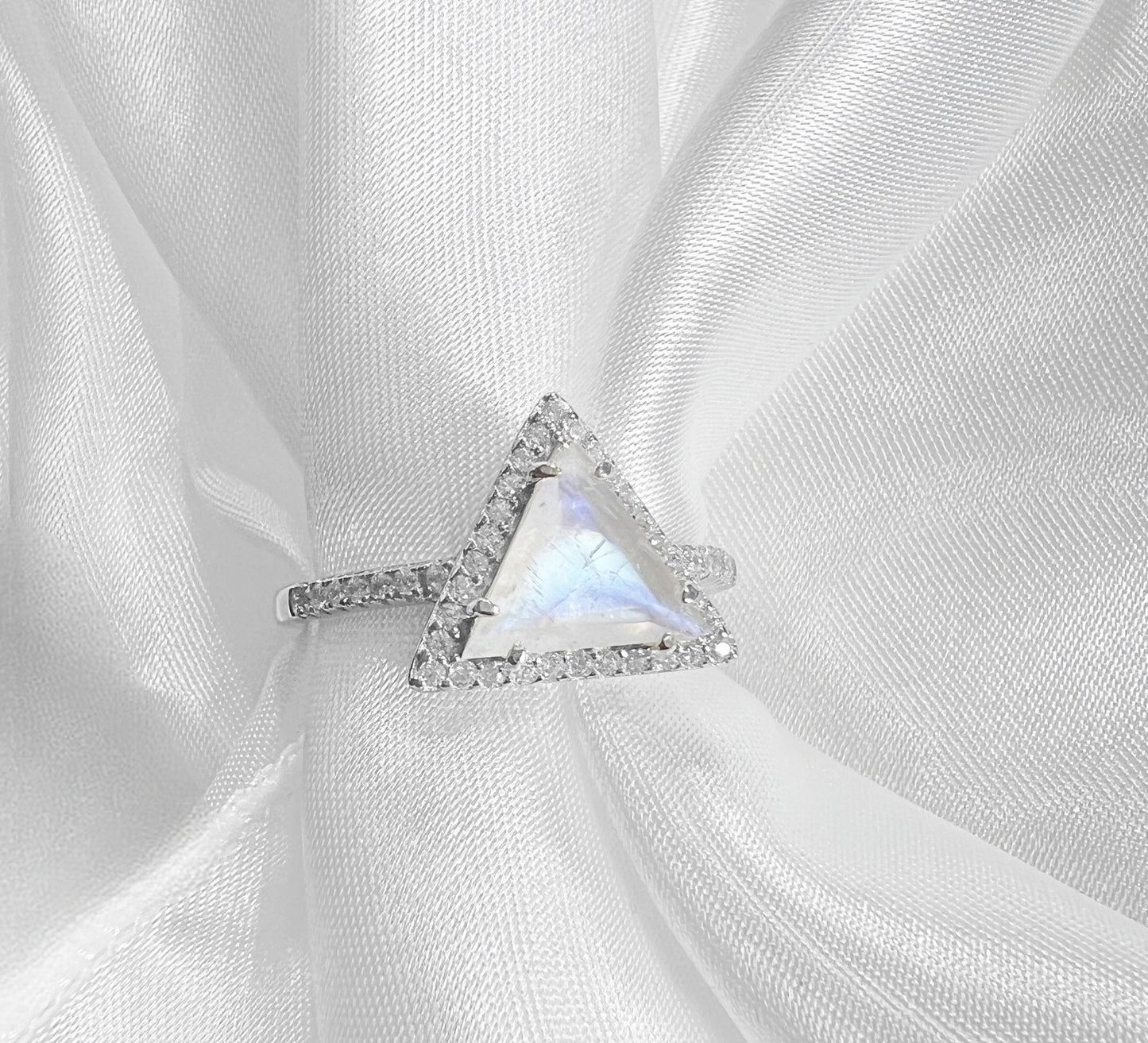 925 Sterling Silver Genuine White Rainbow Moonstone Triangle Ring