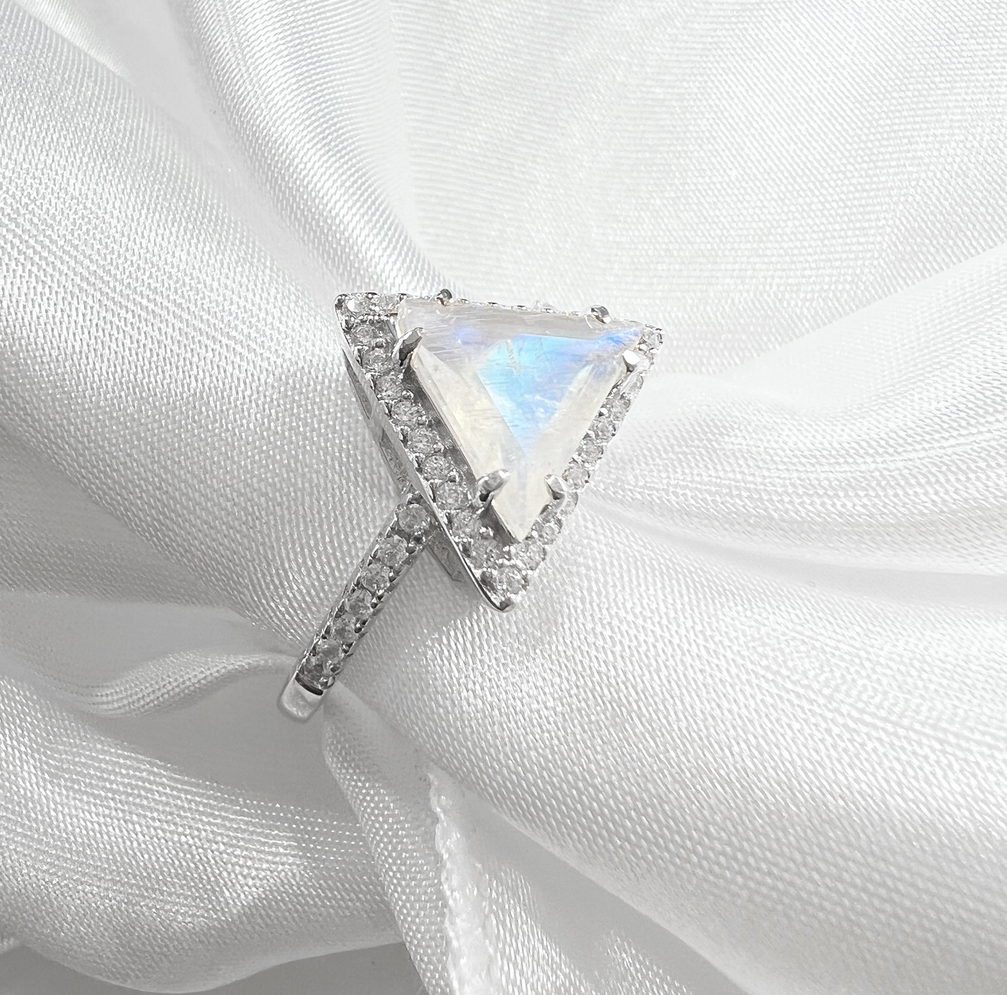 925 Sterling Silver Genuine White Rainbow Moonstone Triangle Ring