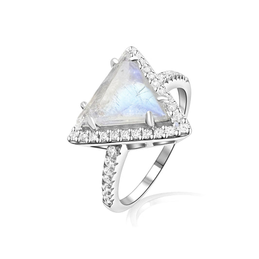 925 Sterling Silver Genuine White Rainbow Moonstone Triangle Ring