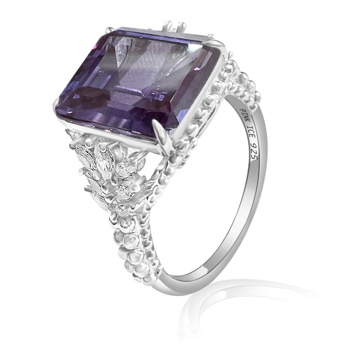 Emerald-Cut Color Changing Alexandrite Beaded Shank 925 Sterling Silver Ring