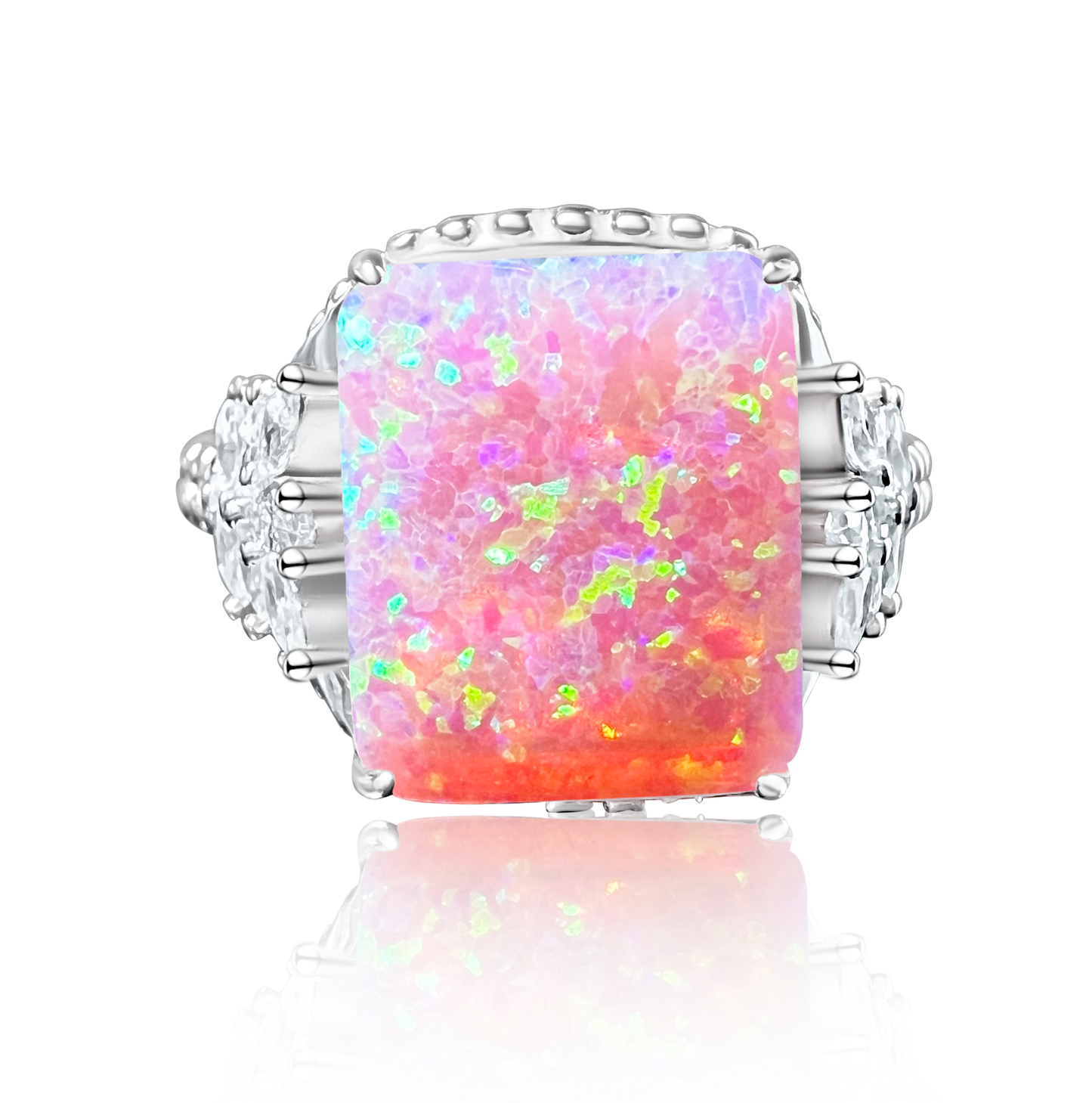 *PRE-ORDER* Angel Skin Pink Fire Opal & CZ Beaded Shank 925 Sterling Silver Ring