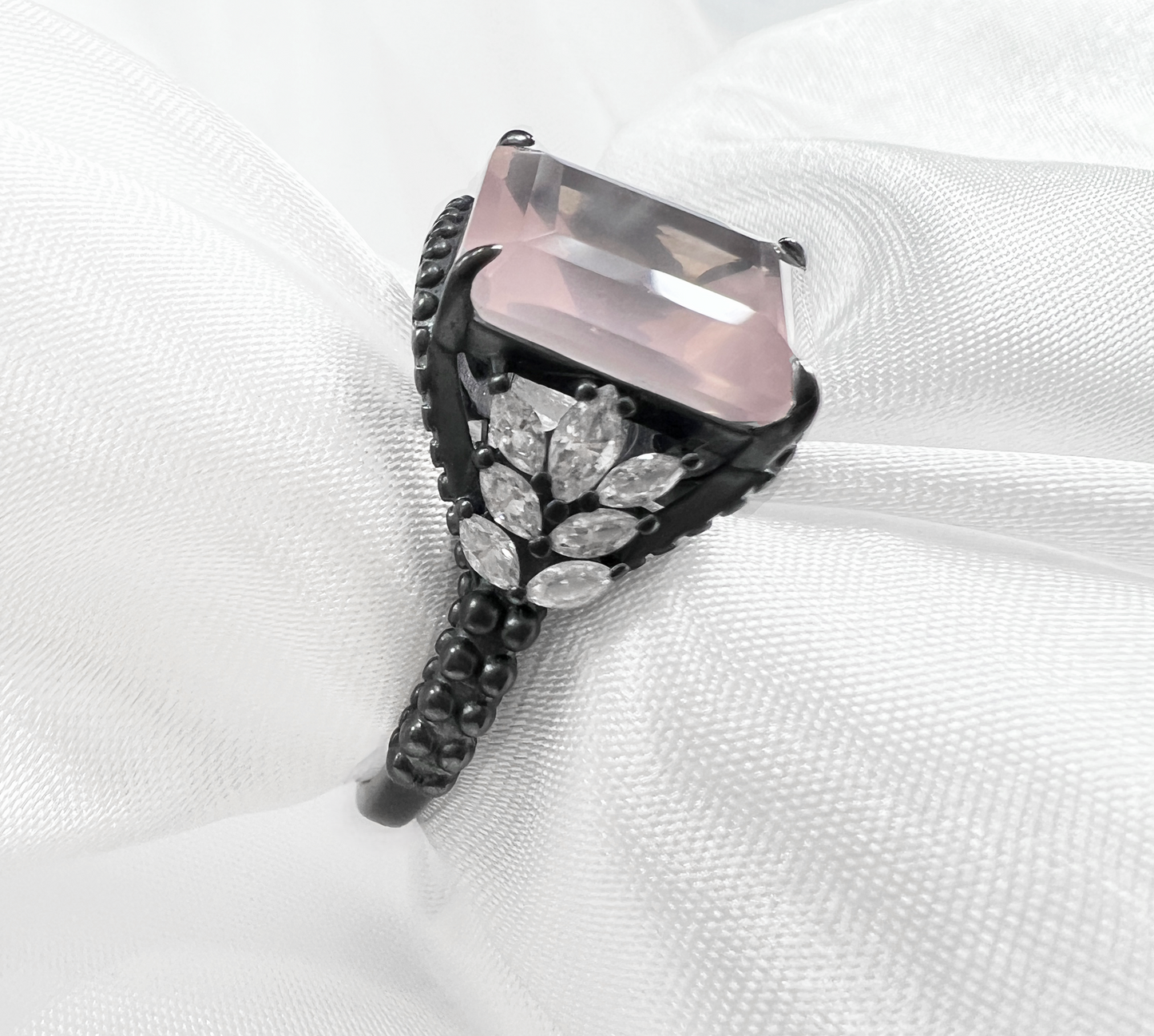 Rose Quartz Beaded Shank 925 Sterling Silver Ring in Gunmetal