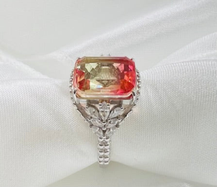 Emerald-Cut Delicate Rose Yellow Bi-Colored Simulated Tourmaline Beaded Shank 925 Sterling Silver Ring