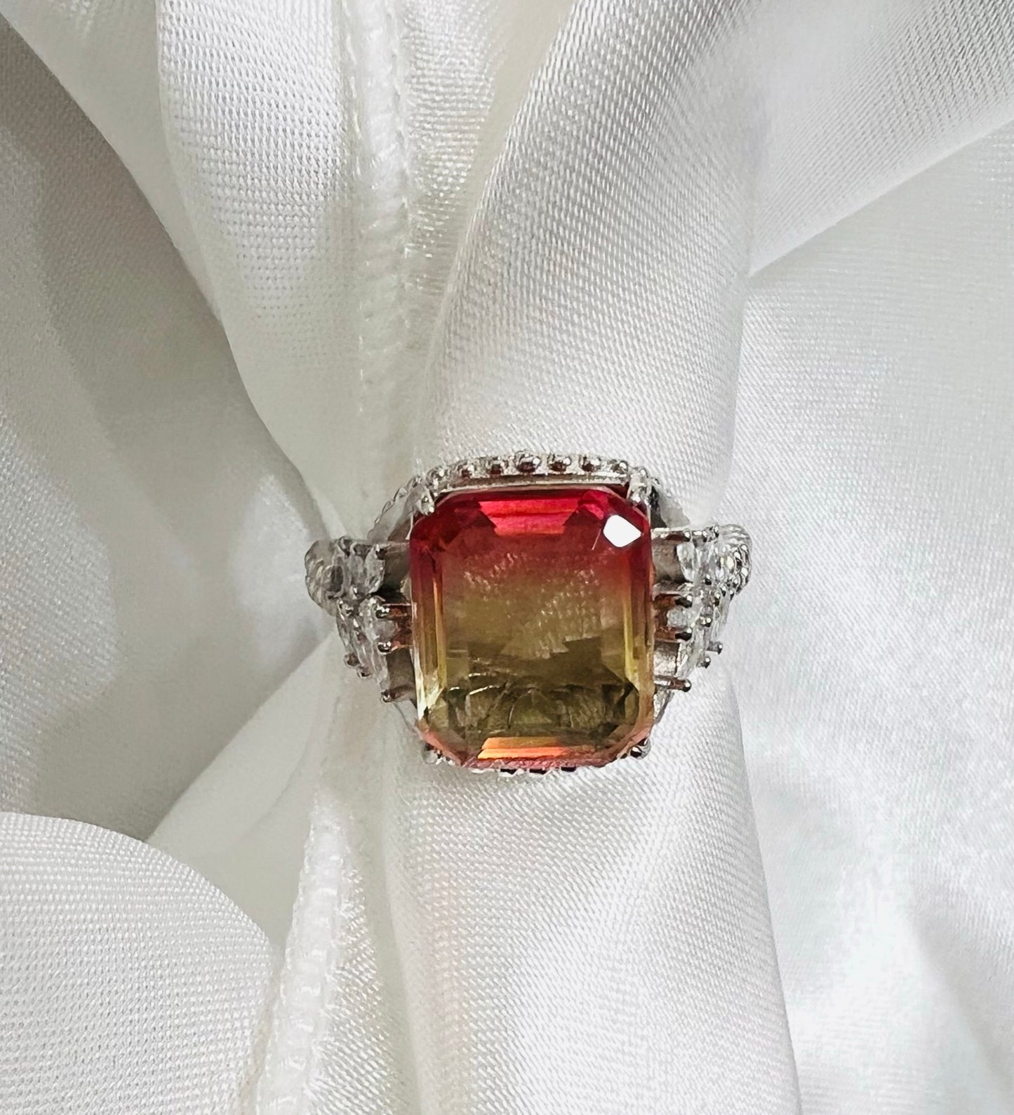 Emerald-Cut Delicate Rose Yellow Bi-Colored Simulated Tourmaline Beaded Shank 925 Sterling Silver Ring