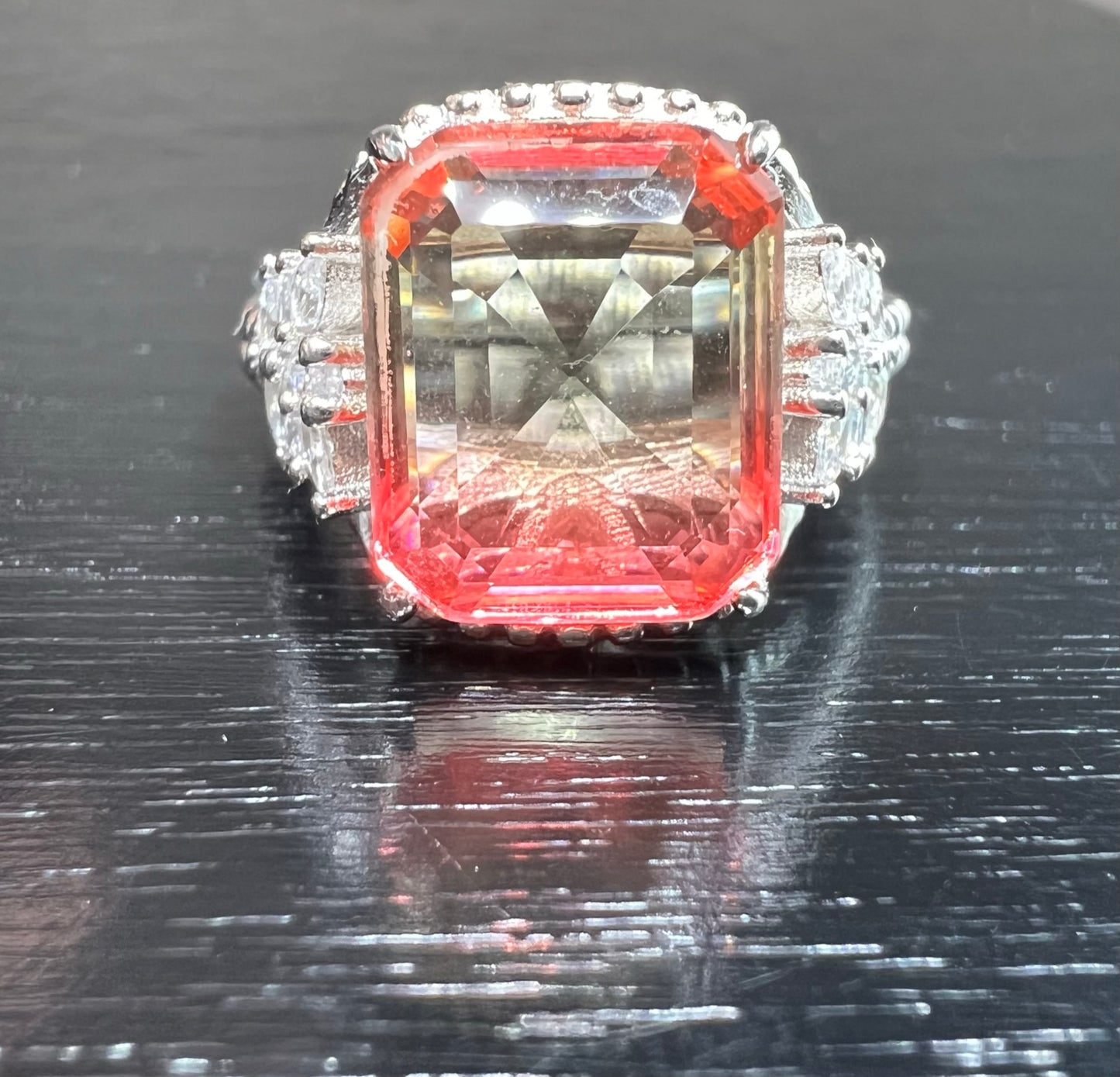 Emerald-Cut Delicate Rose Yellow Bi-Colored Simulated Tourmaline Beaded Shank 925 Sterling Silver Ring