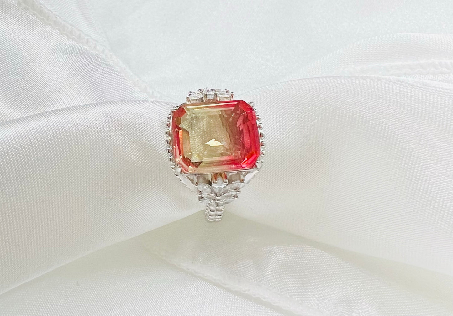 Emerald-Cut Delicate Rose Yellow Bi-Colored Simulated Tourmaline Beaded Shank 925 Sterling Silver Ring