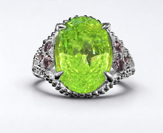 Unique and Limited Edition 925 Sterling Silver Oval Apple Green & Alexandrite Beaded Shank Ring