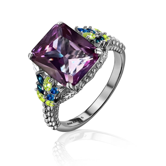 Unique and Limited Edition Multi Color Alexandrite Beaded Shank 925 Sterling Silver Ring