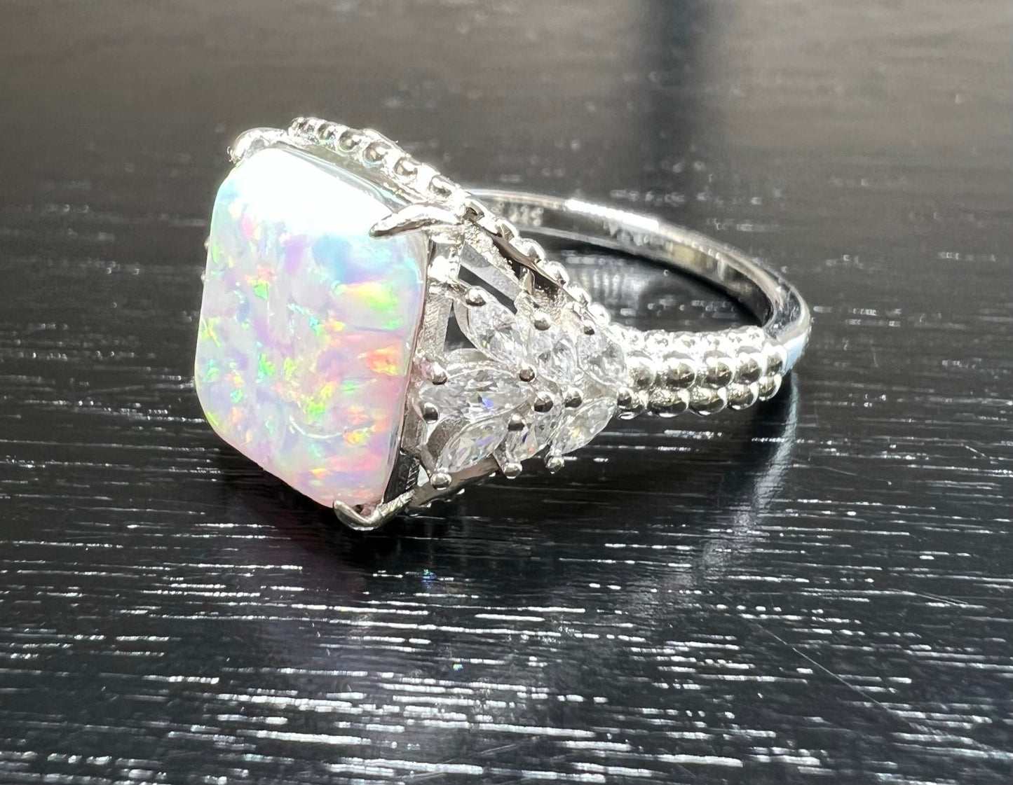 *PRE-ORDER - White Fire Opal & CZ Beaded Shank 925 Sterling Silver Ring