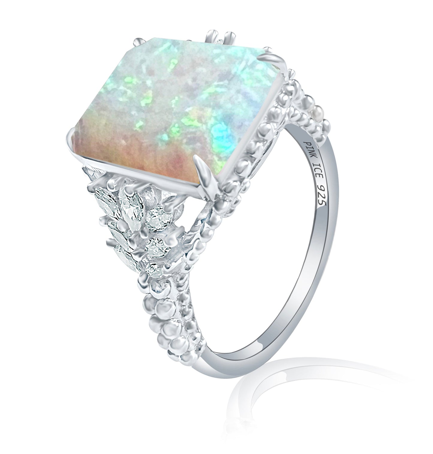 *PRE-ORDER - White Fire Opal & CZ Beaded Shank 925 Sterling Silver Ring