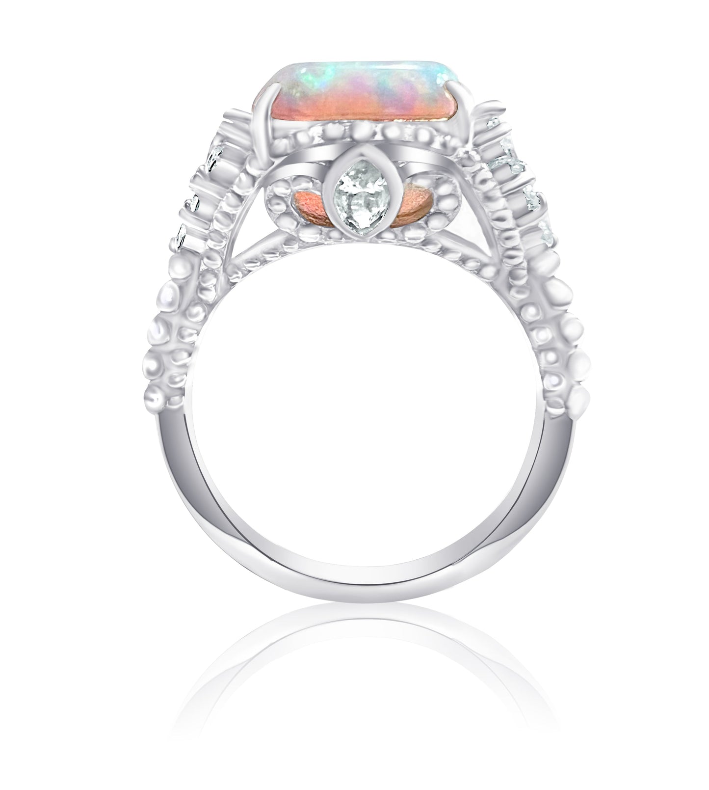 *PRE-ORDER - White Fire Opal & CZ Beaded Shank 925 Sterling Silver Ring