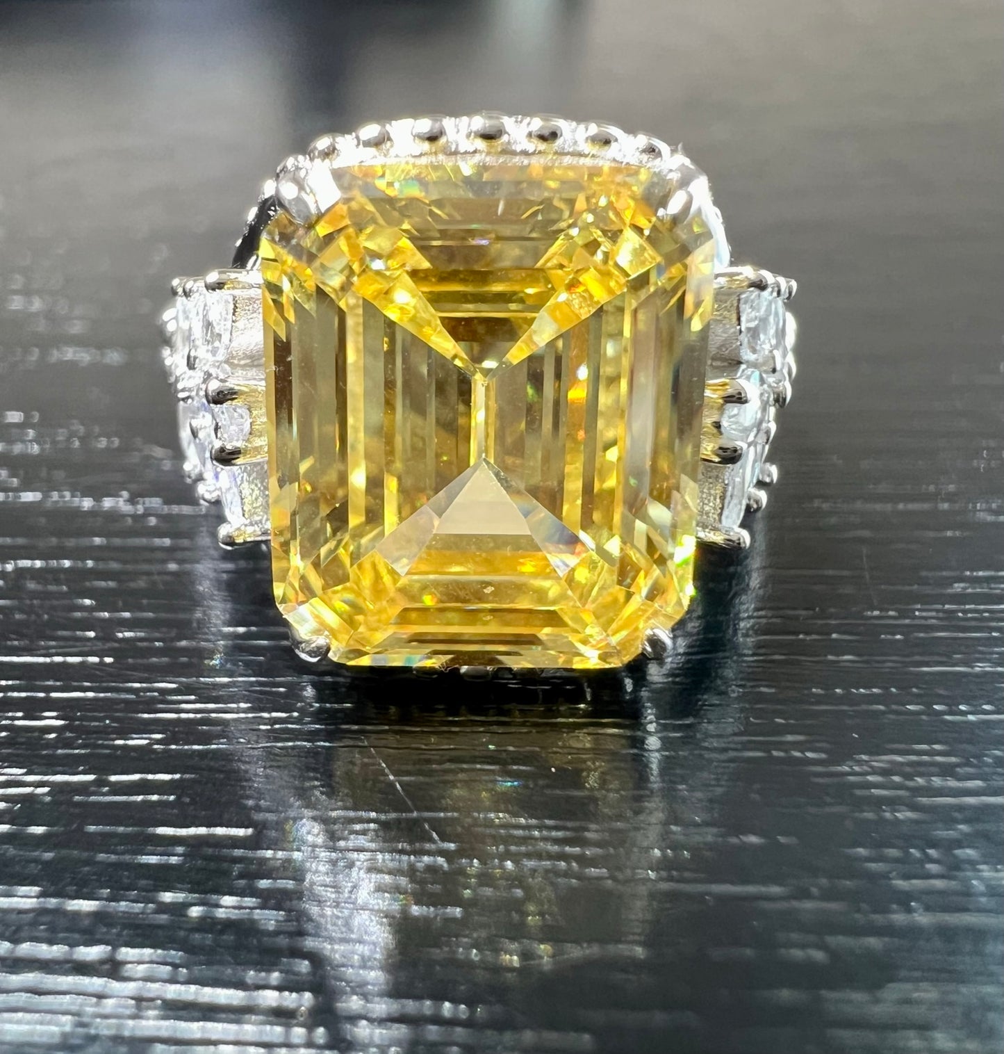 Emerald-Cut Yellow CZ Beaded Shank 925 Sterling Silver Ring