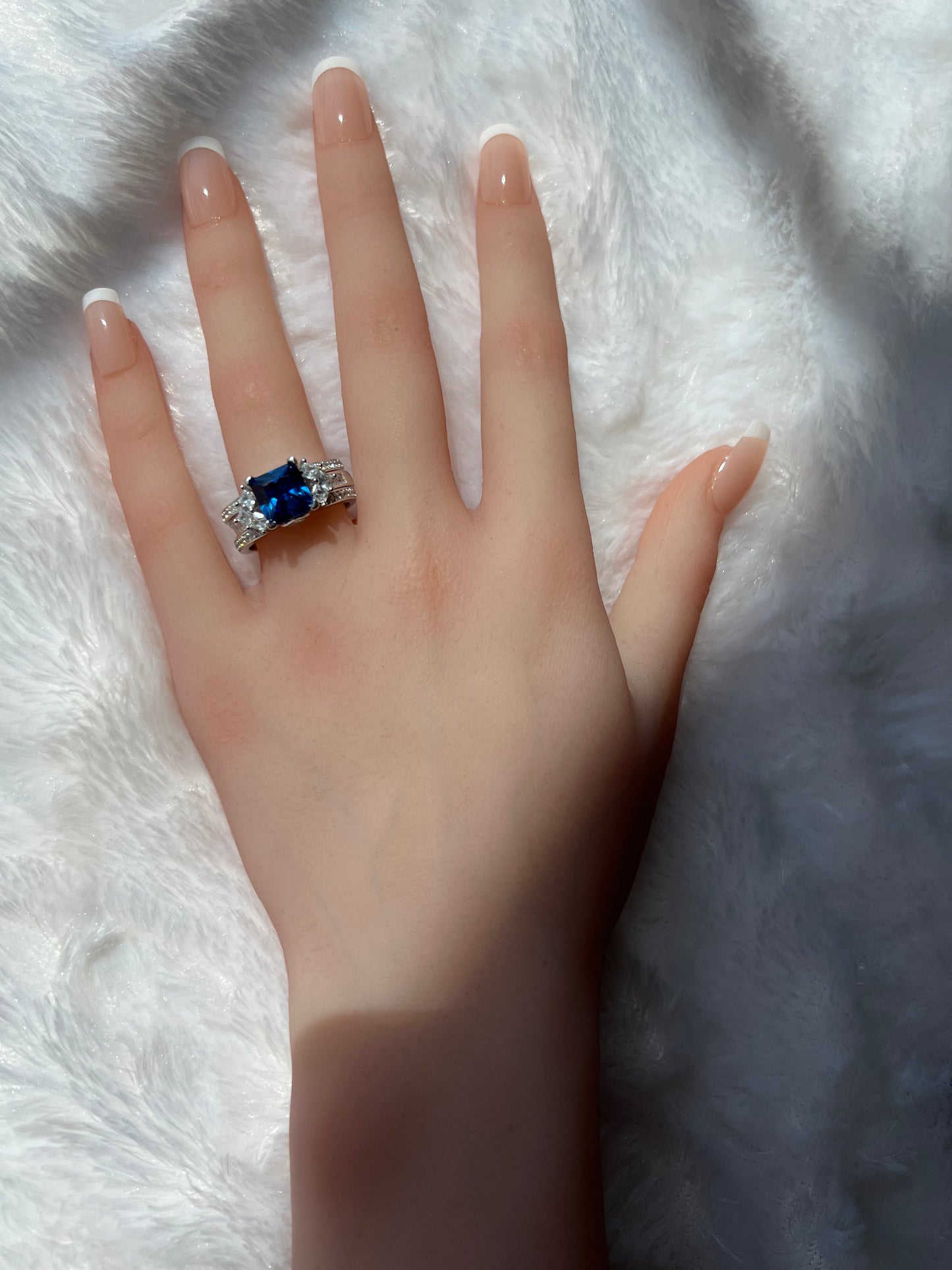 925 Sterling Silver Princess Cut, Blue Sapphire & Clear CZ Tri-Band Ring