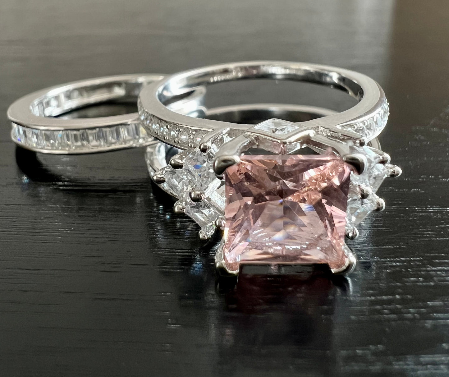 925 Sterling Silver Princess Cut, Morganite & Clear CZ Tri-Band Ring