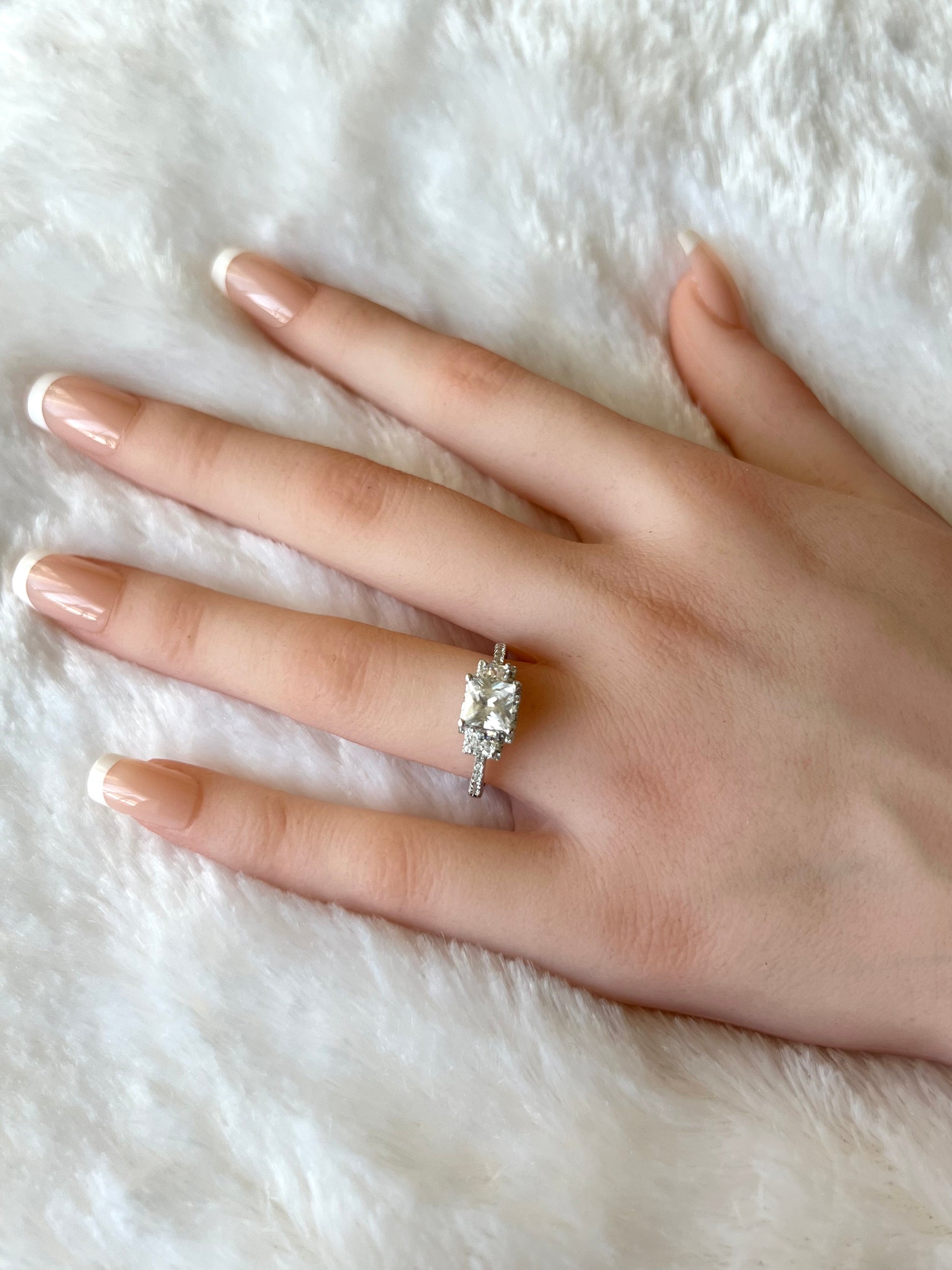 Sterling Silver Triple Princess Cut Clear CZ Engagement Ring Pink Ice