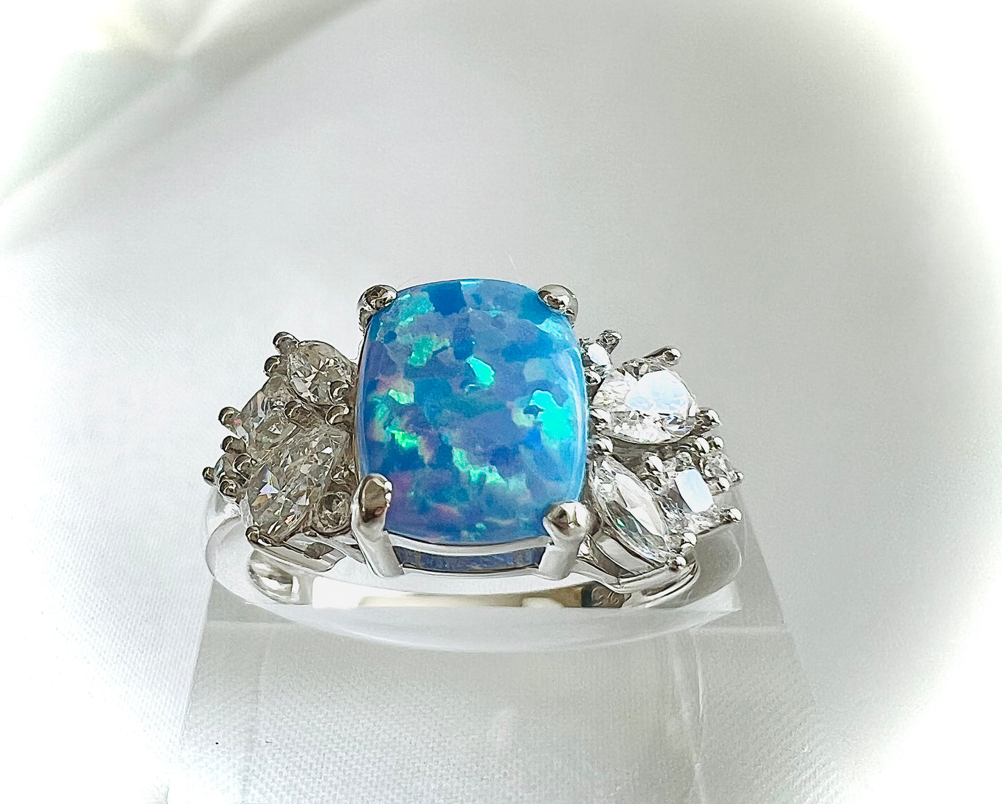 925 Sterling Silver Blue Lavender Lab Grown Fire Opal with Clear Cubic Zirconia Ring