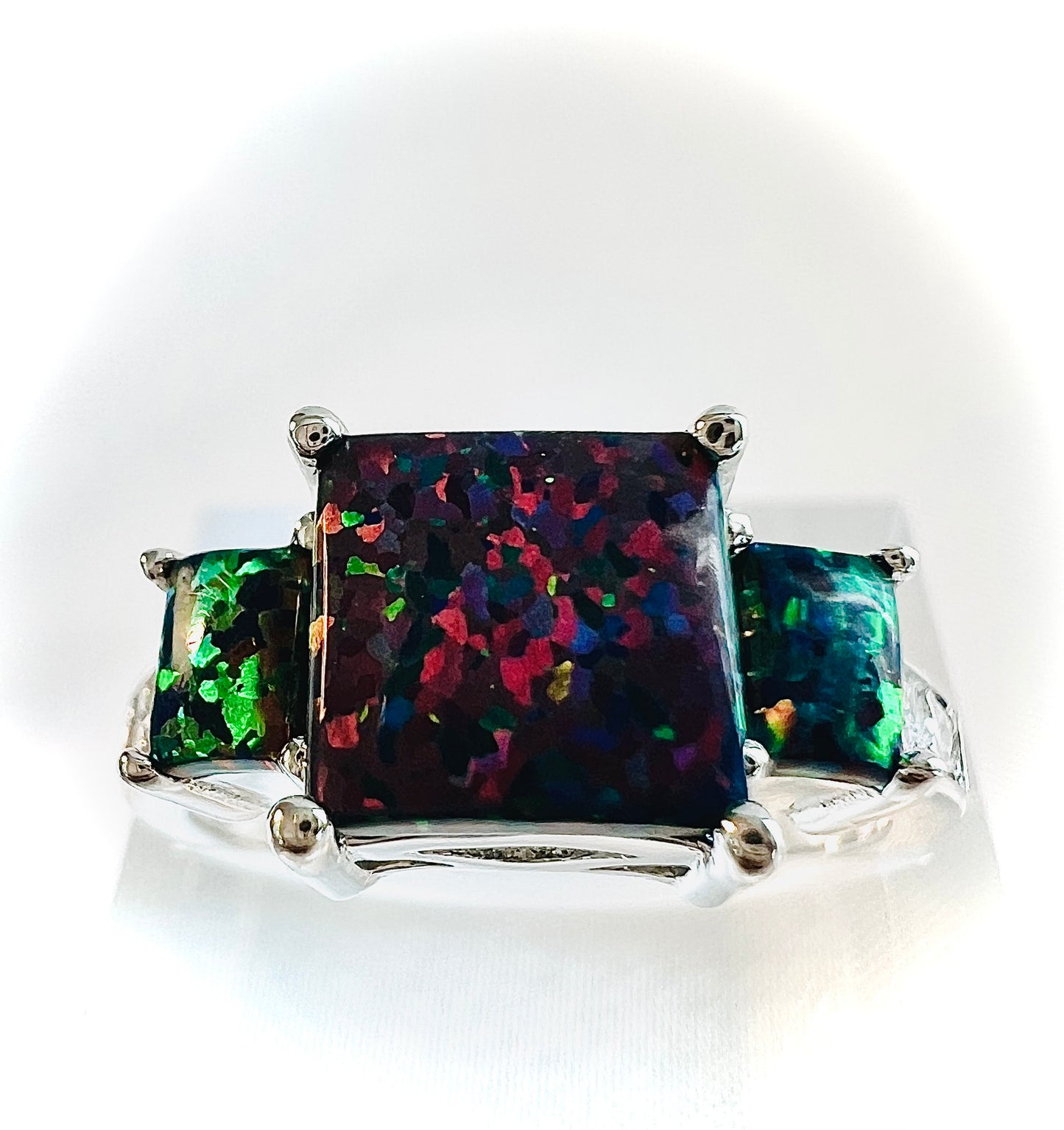 Sterling Silver Midnight Fire Opal Triple Square & Cubic Zirconia Ring