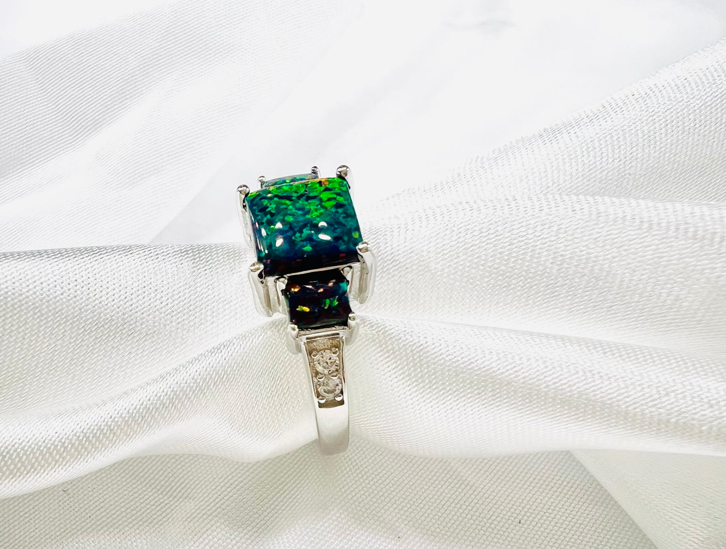 Sterling Silver Midnight Fire Opal Triple Square & Cubic Zirconia Ring