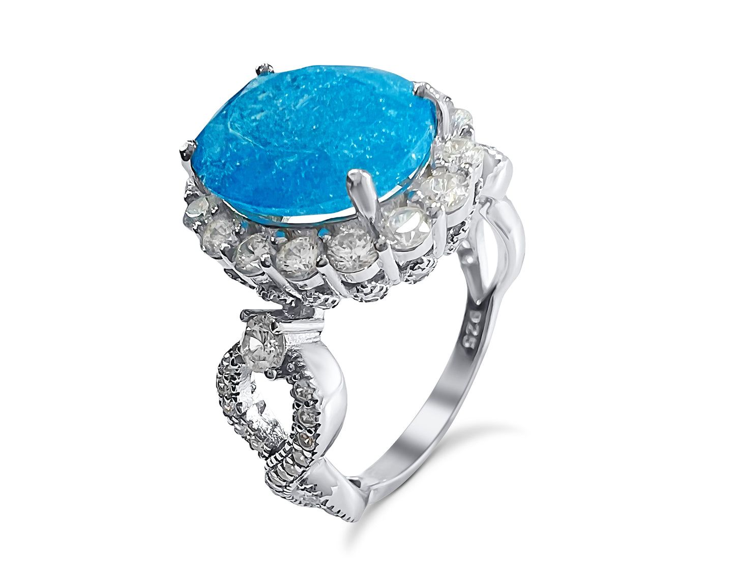 Infinity Oval Cut Aqua Blue Ice & Diamond Cubic Zirconia Ring on Sterling Silver