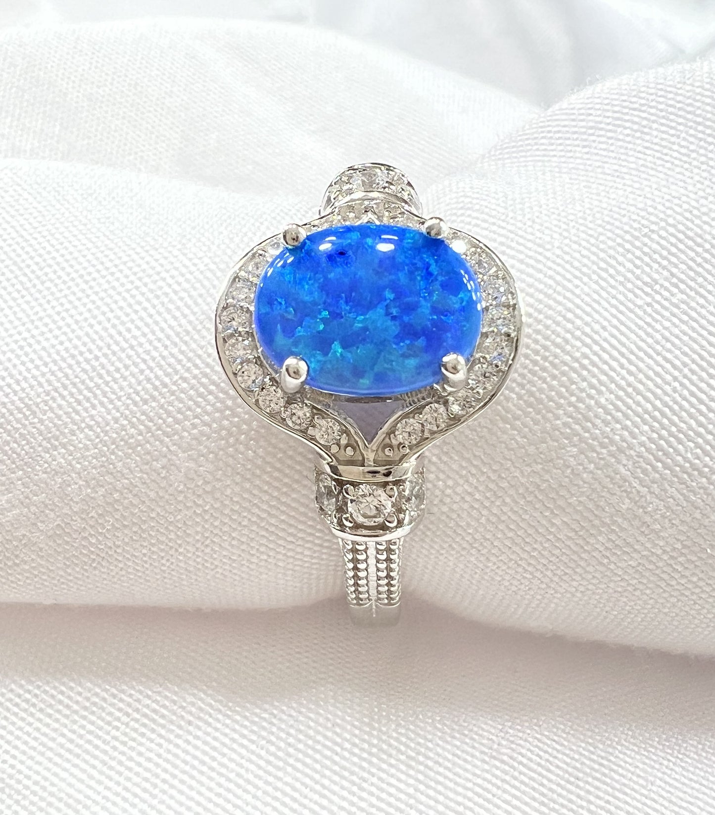 Elegant Blue Fire Oval Opal & Cubic Zirconia Ring Sterling Silver Ring