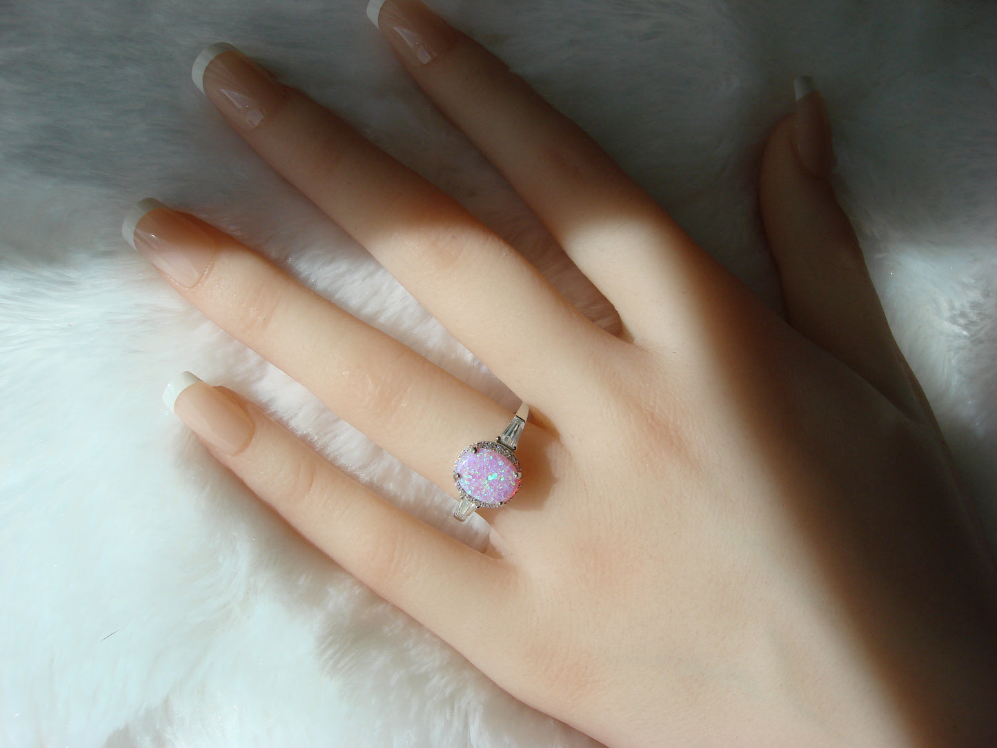 Sterling Silver Oval Pink Lab Grown Opal Cubic Zirconia Ring