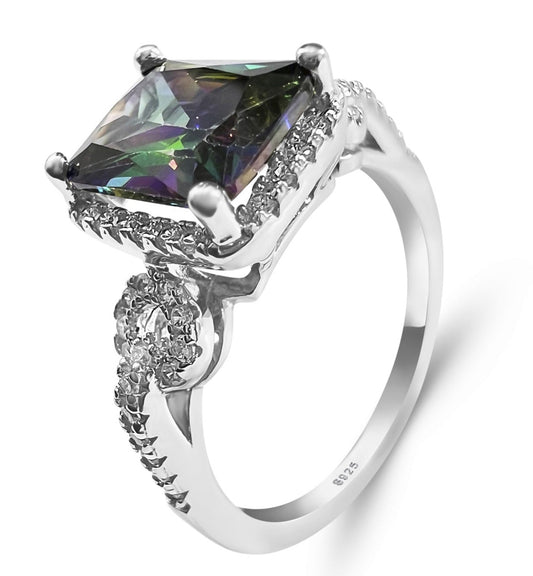 Sterling Silver Rainbow Topaz with Diamond Cubic Zirconia Rectangle Ring