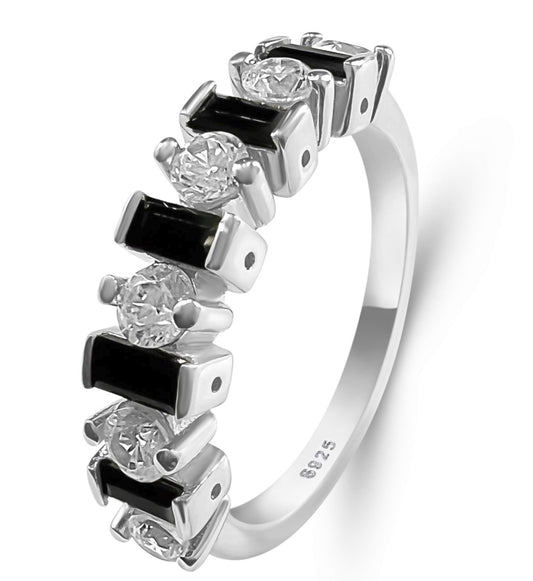 Sterling Silver Round & Baguette Black Cubic Zirconia Band