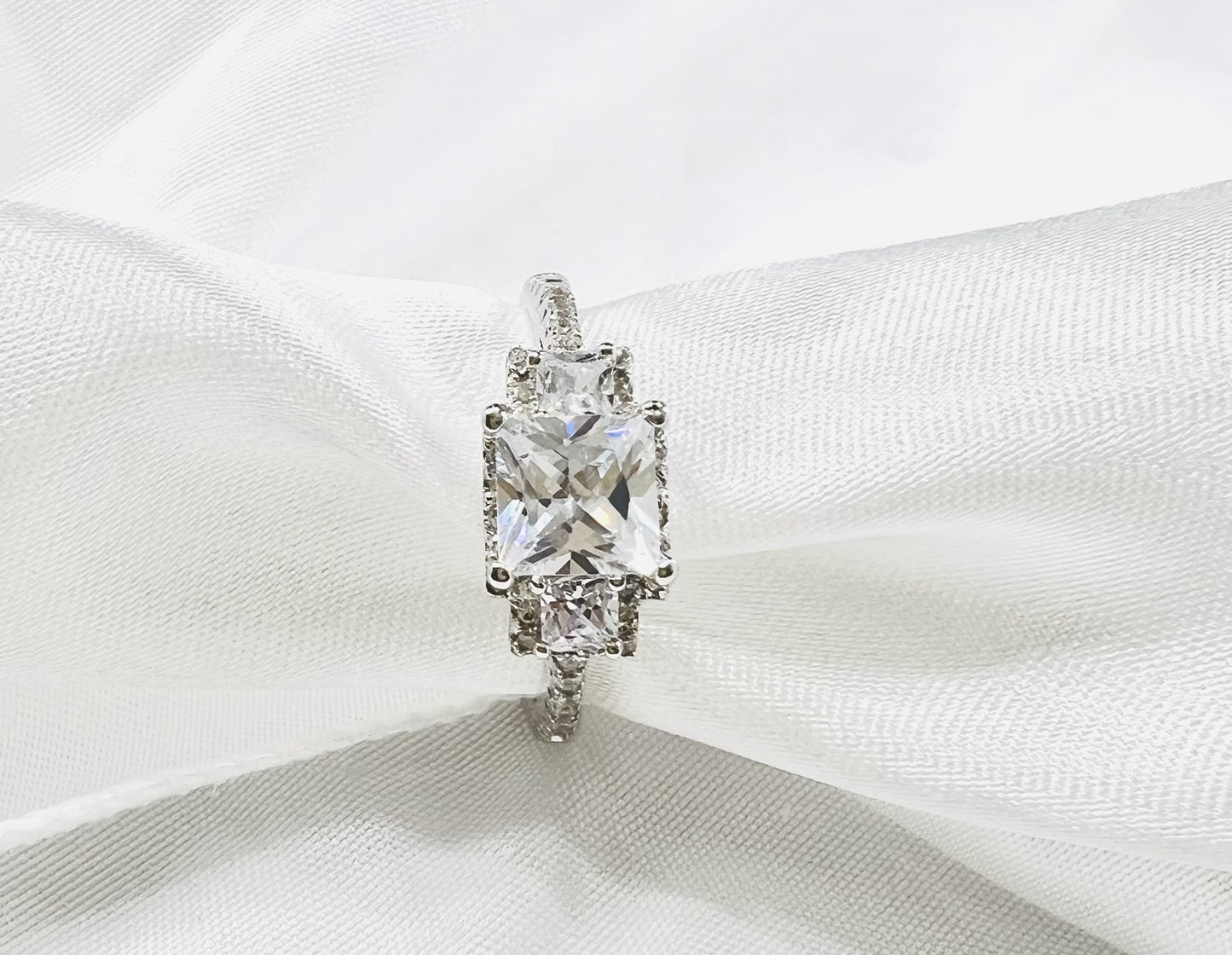 Sterling Silver Triple Princess Cut Clear CZ Engagement Ring Pink Ice Jewelry